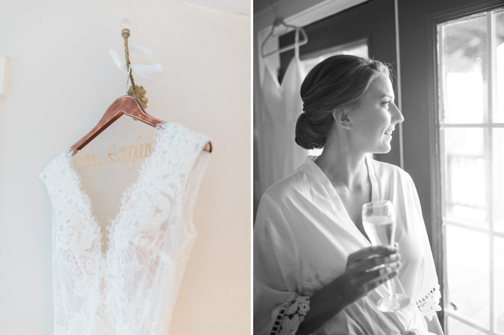 bride drinking her champagne as she gets ready