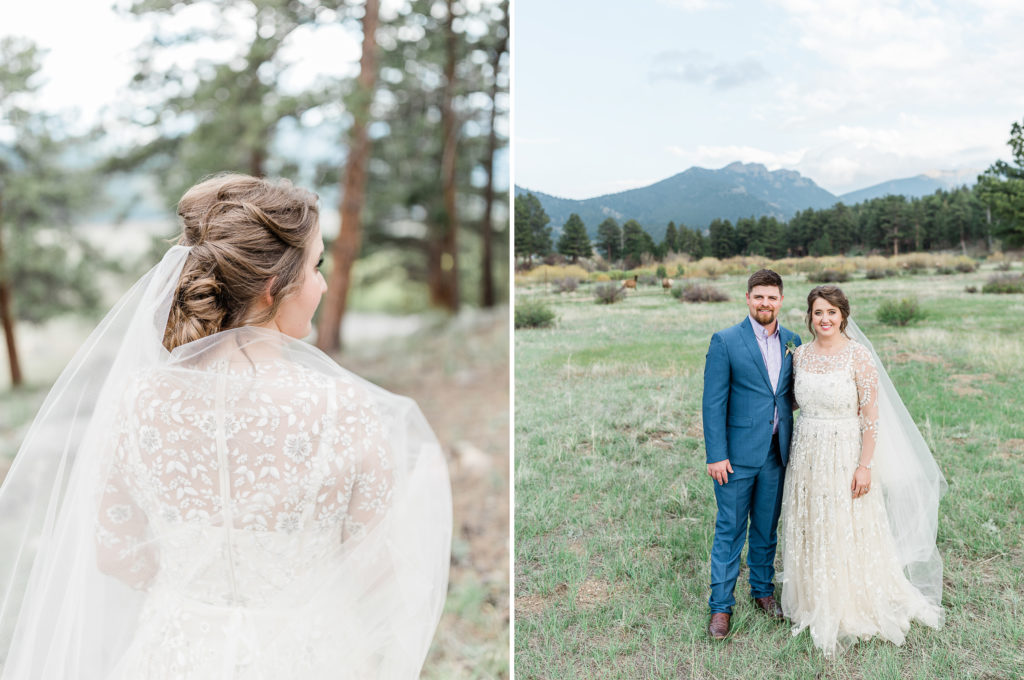 bride and groom smiling in Rocky Mountain National Park