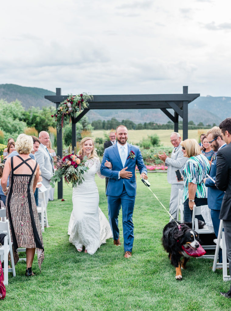bride and groom exiting after ceremony at crooked willow farms with bernese mountain dog