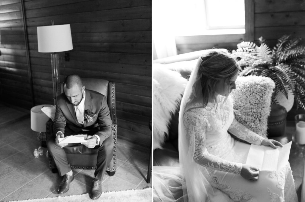 bride and groom reading letter 