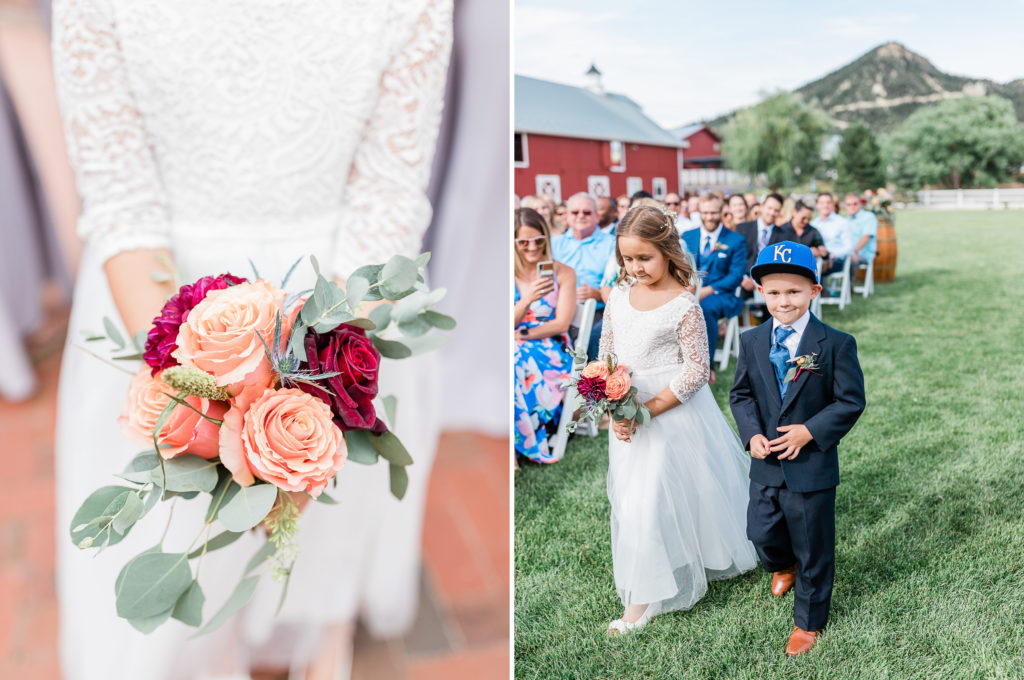 flower girl and ring bearer walking down aisle at Crooked Willow Farms