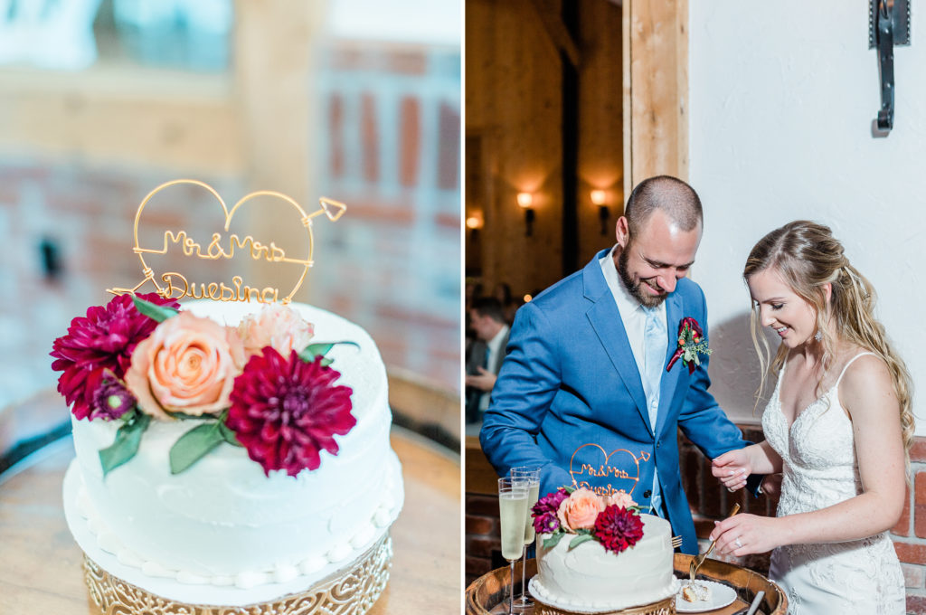 bride and groom cutting cake  in ballroom
