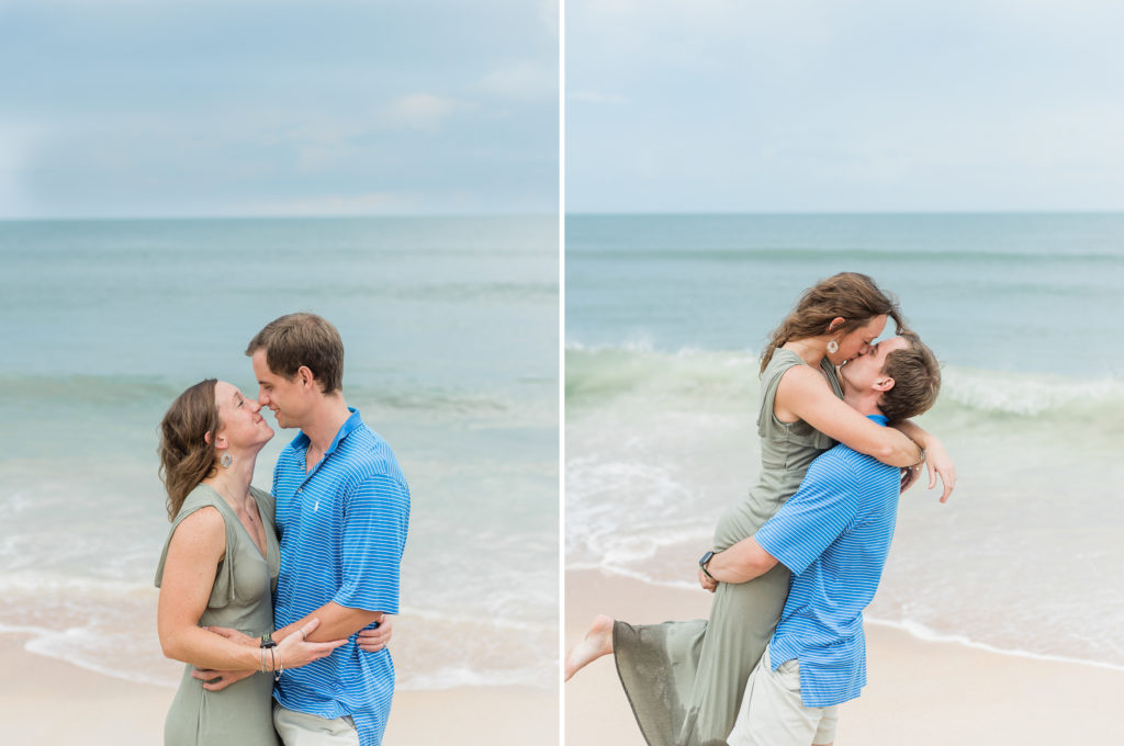 Groom holding bride during beach engagement session