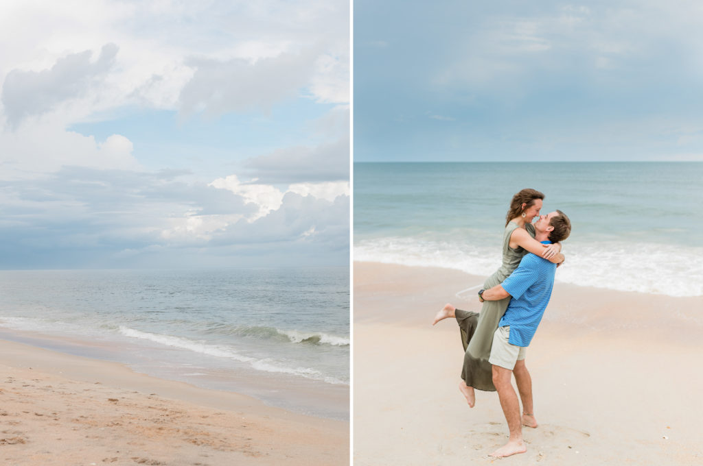 Groom holding up bride during beach engagement session