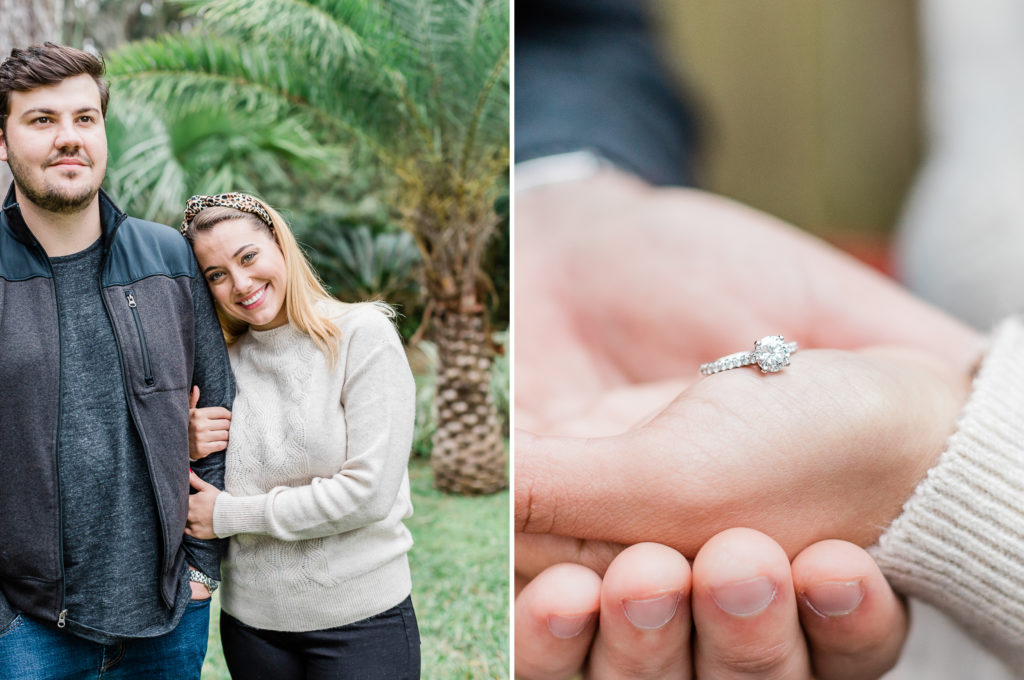 Couple with engagement ring during Magnolia Ave. engagement session