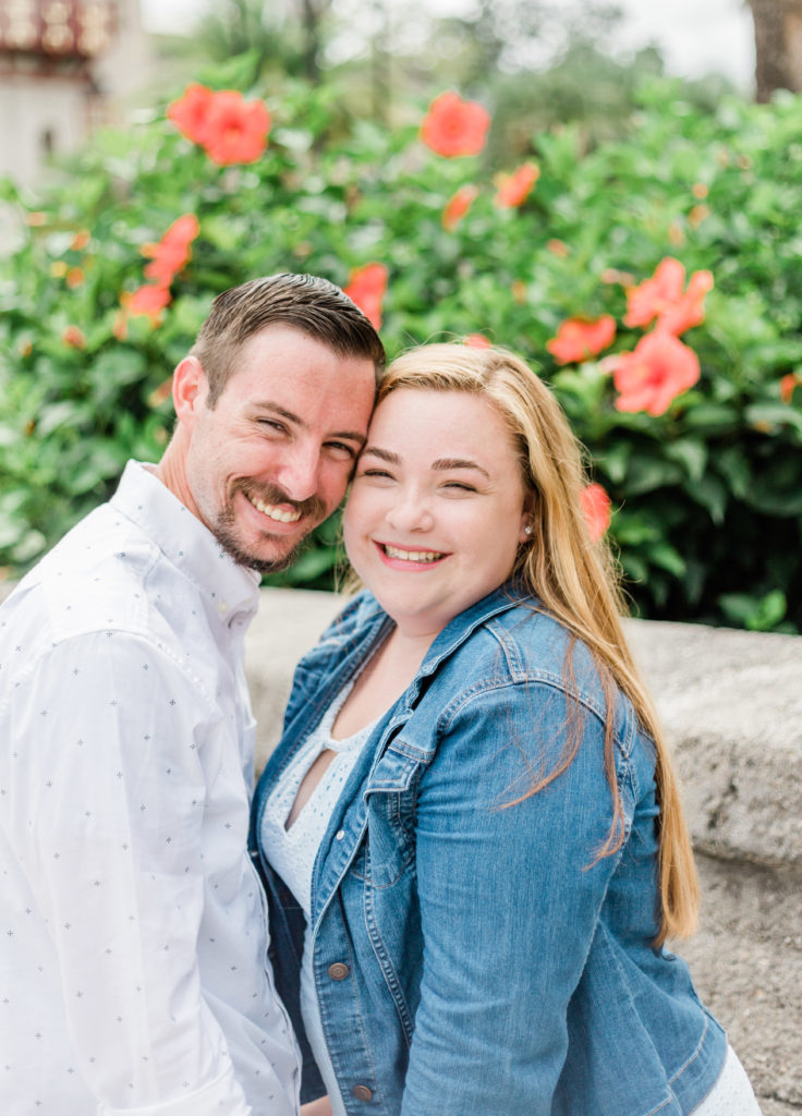 Couple smiling at Flagler College engagement session