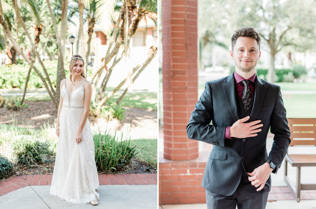 Bride and groom smiling during their St. Augustine wedding portraits.