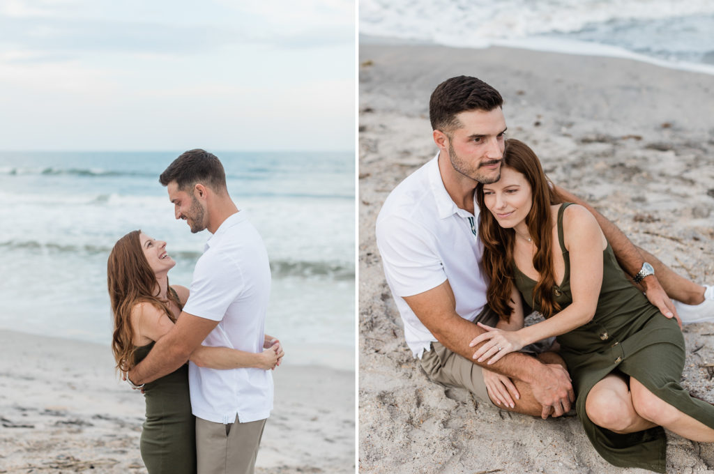 Couple cuddling on beach during Vilano Beach engagement session. 
