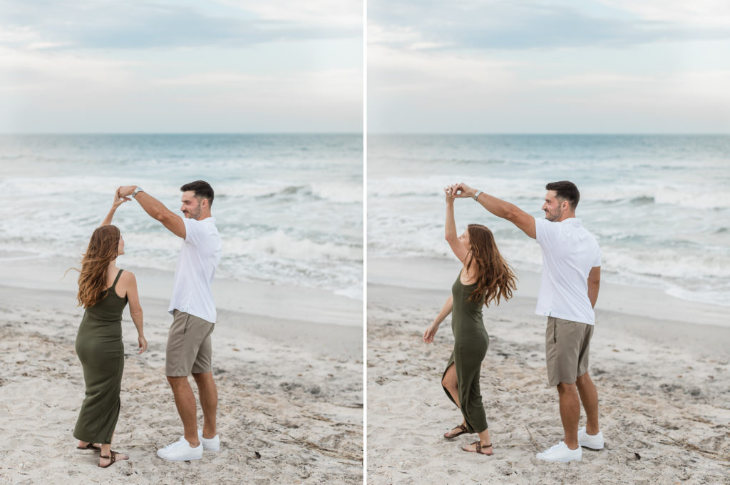 Bride and groom dancing on the beach during engagement session.