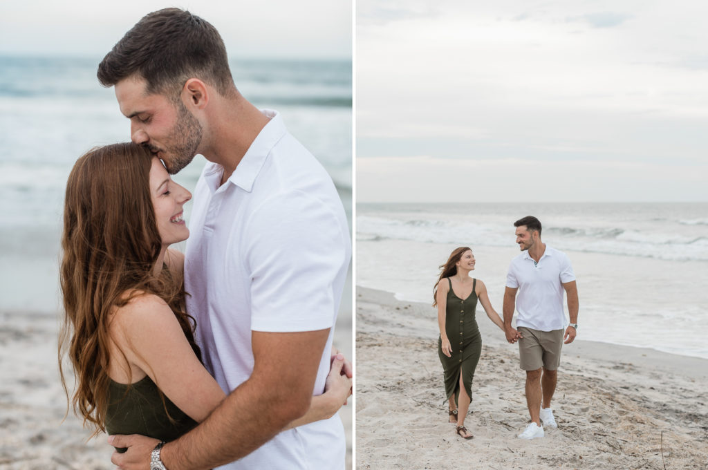 Couple walking on beach during Vilano Beach engagement session. 