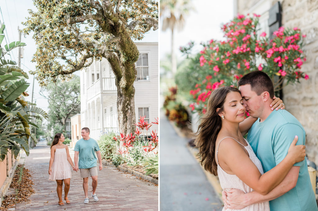 Couple walking during summer engagement session in St. Augustine, FL.