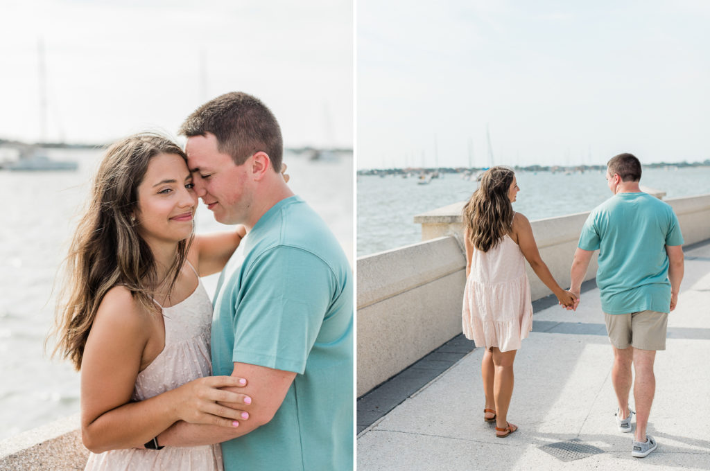 Couple walking on the Bayfront in St. Augustine engagement session.