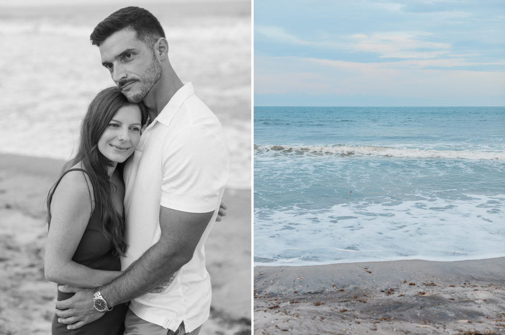 Black and white photo of couple on beach.