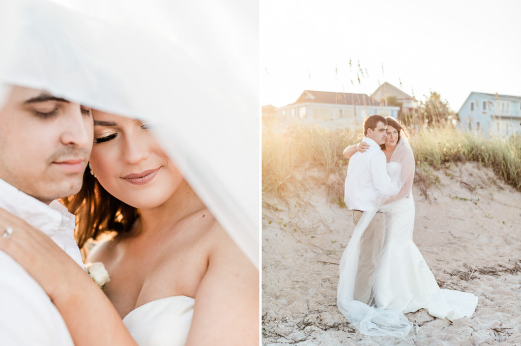 Sunset photos of bride and groom on Vilano Beach.