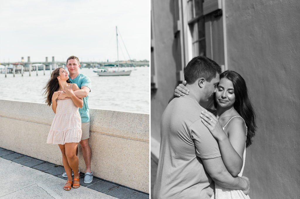 Couple with sailboats in the background of st. Augustine engagement session