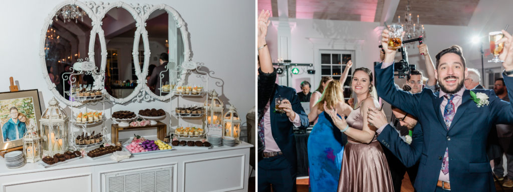 Dessert table and dancing at a February White Room Wedding. 